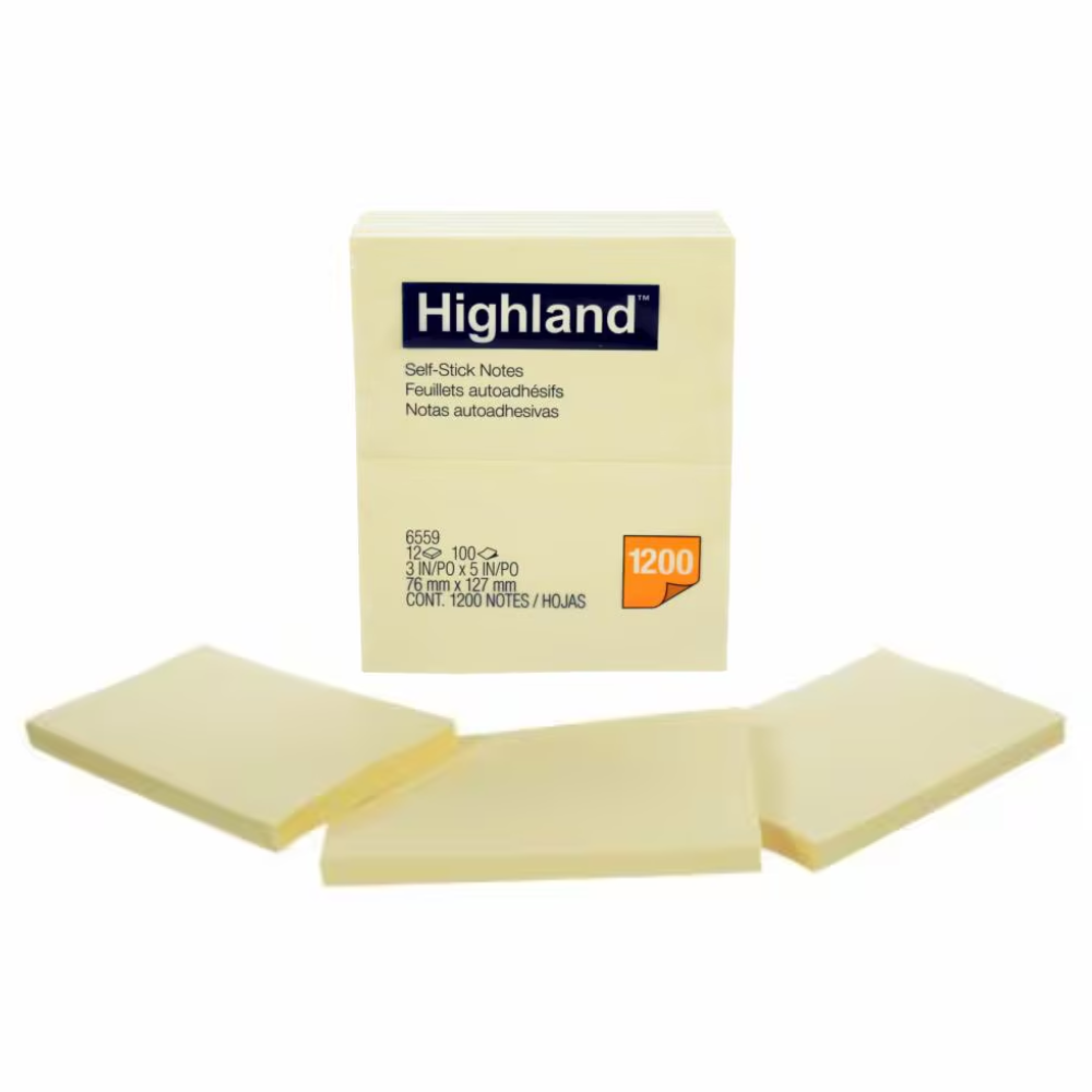 Highland™ Self-Stick Notes 6559, 3 in x 5 in (76 mm x 127 mm), Yellow ...