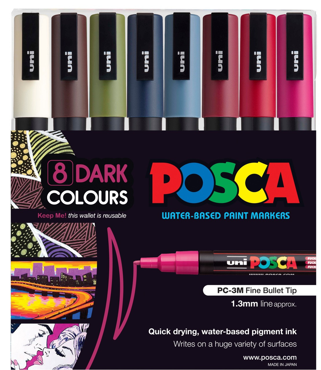 Uni-Posca Marker Bullet Tip 3mm, 8 Dark Colors Set – Elka International