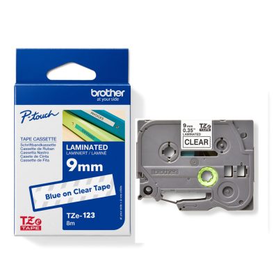 Brother PT Label 9mm Blue on Clear BR-TZ123
